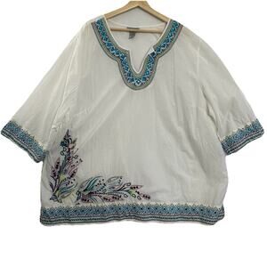 Catherine’s Embroidered Tunic Kaftan Womens 4X White Beaded Cotton Boho Western